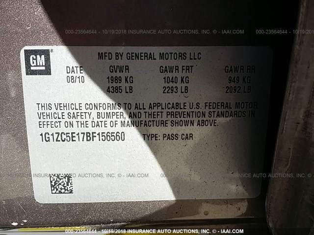 1G1ZC5E17BF156560 - 2011 CHEVROLET MALIBU 1LT Pewter photo 9