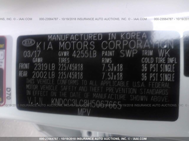 KNDCC3LC8H5067665 - 2017 KIA NIRO EX WHITE photo 9