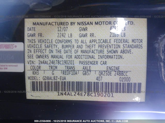 1N4AL24E78C190201 - 2008 NISSAN ALTIMA 2.5S BLACK photo 9