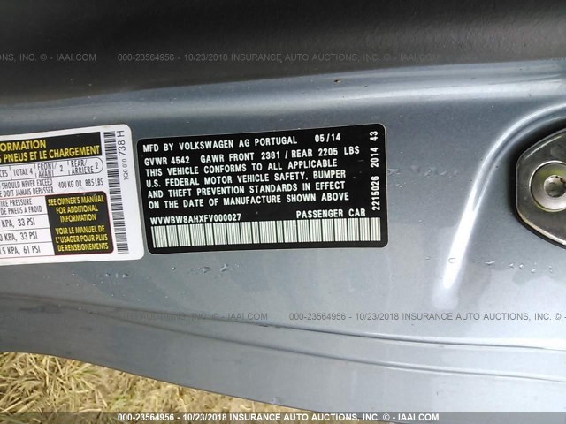 WVWBW8AHXFV000027 - 2015 VOLKSWAGEN EOS KOMFORT/SPORT ღია ლურჯი ფოტო 9