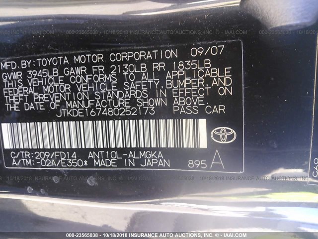 JTKDE167480252173 - 2008 TOYOTA SCION TC 黑色 照片 9