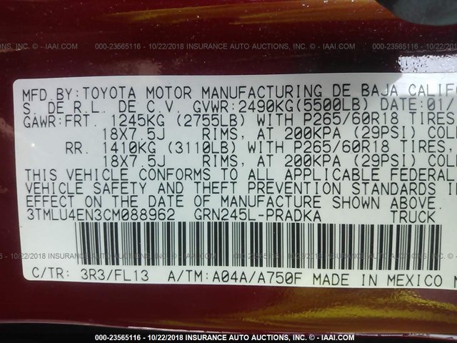 3TMLU4EN3CM088962 - 2012 TOYOTA TACOMA DOUBLE CAB RED photo 9