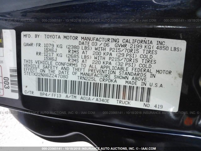 5TETX22NX6Z247080 - 2006 TOYOTA TACOMA ACCESS CAB ლურჯი ფოტო 9
