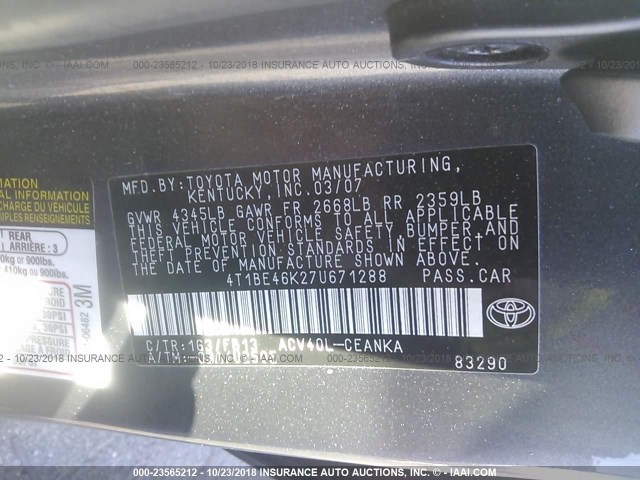 4T1BE46K27U671288 - 2007 TOYOTA CAMRY NEW GENERAT CE/LE/XLE/SE GRAY photo 9