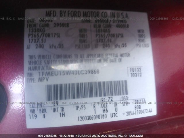 1FMEU15W43LC39868 - 2003 FORD EXPEDITION XLT RED photo 9