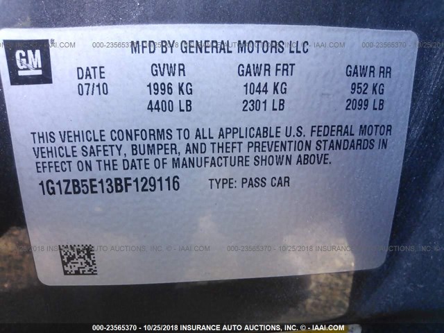 1G1ZB5E13BF129116 - 2011 CHEVROLET MALIBU LS 棕色 照片 9