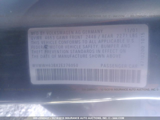 WVWWH63BX2E276050 - 2002 VOLKSWAGEN PASSAT GLX GRAY photo 9
