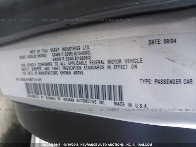 4S3BL616857214125 - 2005 SUBARU LEGACY 2.5I SILVER photo 9