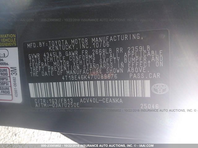 4T1BE46K47U089676 - 2007 TOYOTA CAMRY NEW GENERAT CE/LE/XLE/SE GRAY photo 9