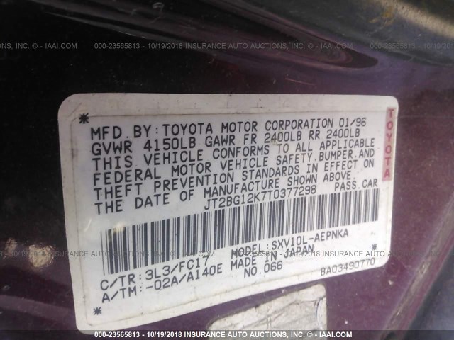 JT2BG12K7T0377298 - 1996 TOYOTA CAMRY DX/LE/XLE MAROON photo 9