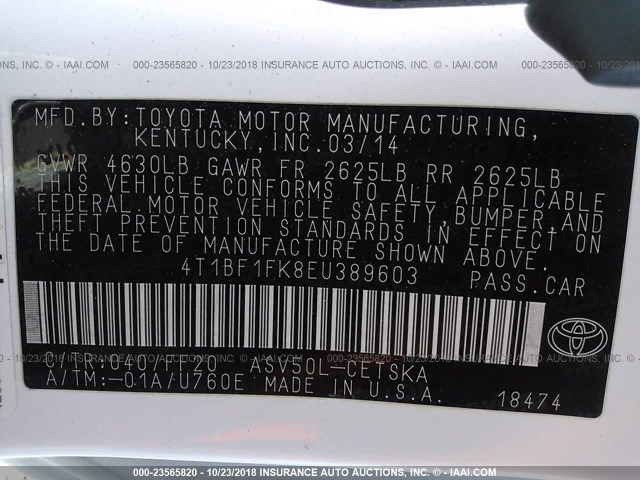 4T1BF1FK8EU389603 - 2014 TOYOTA CAMRY L/SE/LE/XLE Ağ foto 9