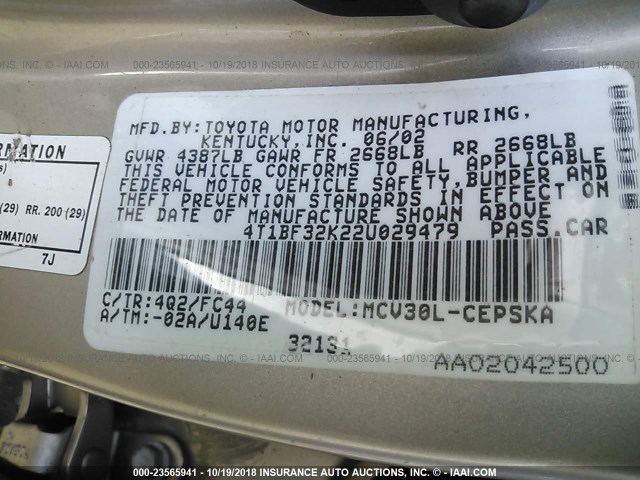 4T1BF32K22U029479 - 2002 TOYOTA CAMRY LE/XLE/SE 金色 照片 9