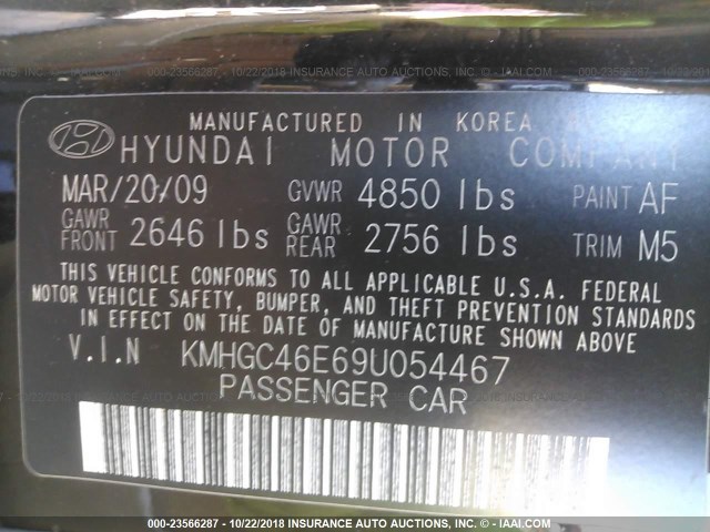 KMHGC46E69U054467 - 2009 HYUNDAI GENESIS 3.8L BLACK photo 9