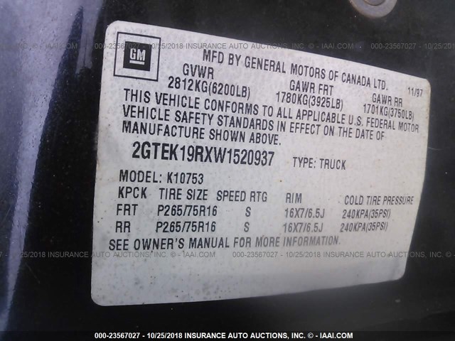 2GTEK19RXW1520937 - 1998 GMC SIERRA K1500 BLACK photo 9