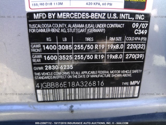 4JGBB86E18A326816 - 2008 MERCEDES-BENZ ML 350 BLUE photo 9