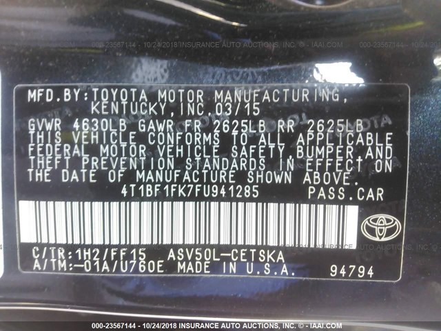 4T1BF1FK7FU941285 - 2015 TOYOTA CAMRY LE/XLE/SE/XSE 深蓝色 照片 9