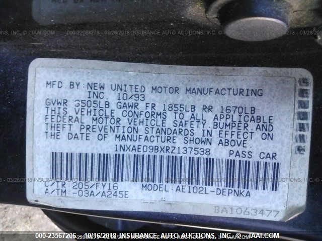 1NXAE09BXRZ137538 - 1994 TOYOTA COROLLA LE/DX შავი ფოტო 9