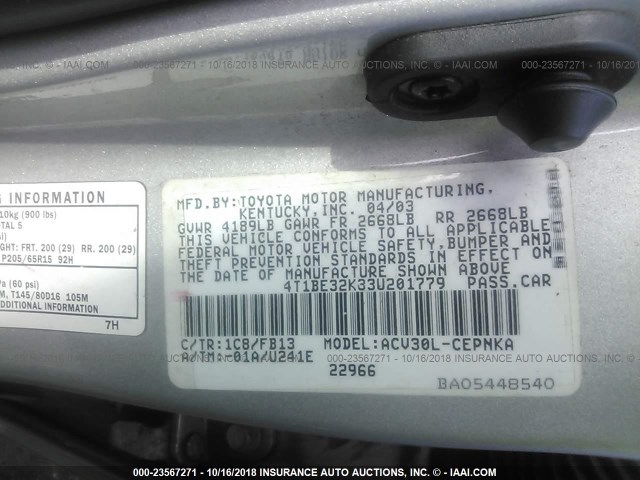 4T1BE32K33U201779 - 2003 TOYOTA CAMRY LE/XLE/SE Күміс фото 9