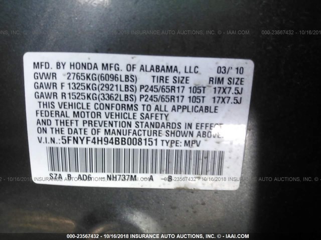 5FNYF4H94BB008151 - 2011 HONDA PILOT TOURING GRAY photo 9