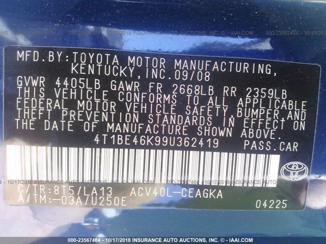 4T1BE46K99U362419 - 2009 TOYOTA CAMRY SE/LE/XLE BLUE photo 9