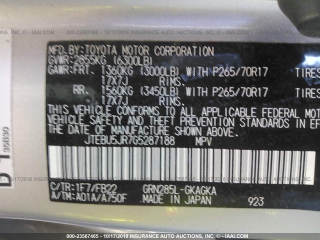 JTEBU5JR7G5287188 - 2016 TOYOTA 4RUNNER SR5 PREM/LTDL/TRAIL/TRD SILVER photo 9