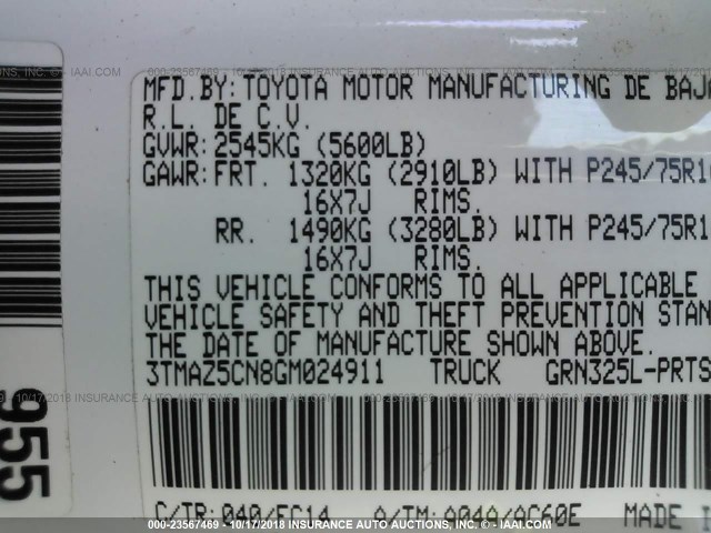 3TMAZ5CN8GM024911 - 2016 TOYOTA TACOMA WHITE photo 9