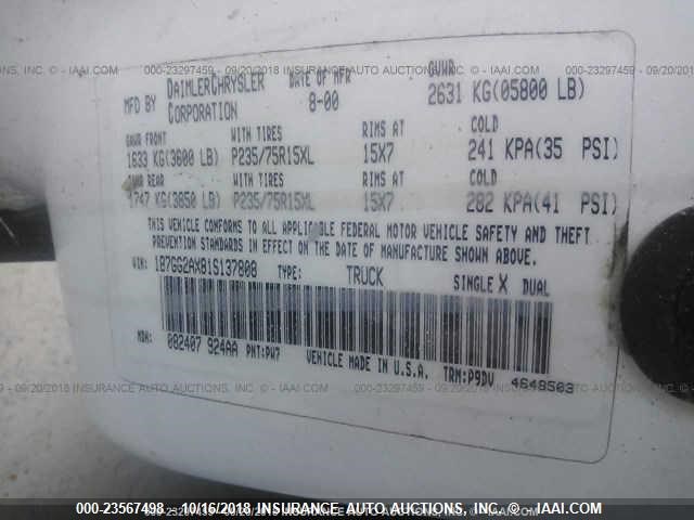 1B7GG2AX81S137808 - 2001 DODGE DAKOTA QUAD WHITE photo 9