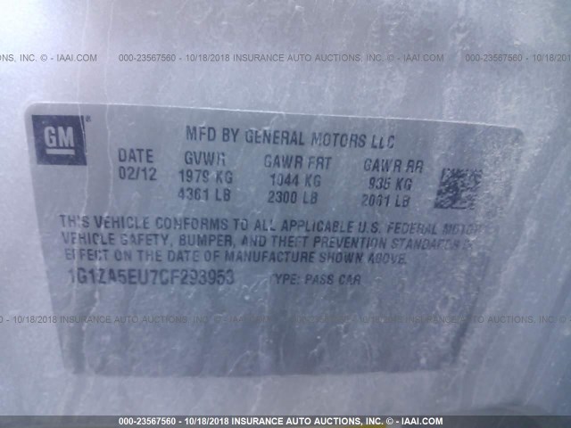 1G1ZA5EU7CF293953 - 2012 CHEVROLET MALIBU LS ვერცხლისფერი ფოტო 9