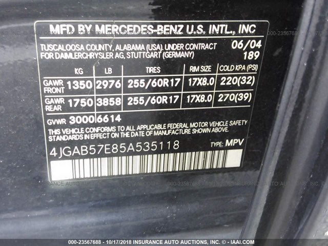 4JGAB57E85A535118 - 2005 MERCEDES-BENZ ML 350 GRAY photo 9