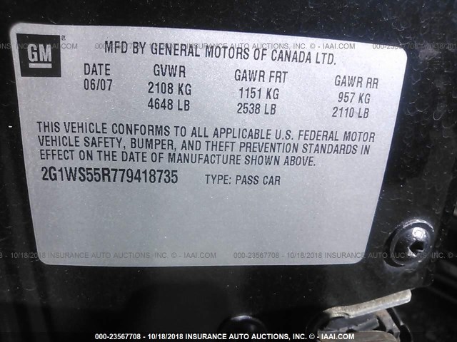 2G1WS55R779418735 - 2007 CHEVROLET IMPALA POLICE BLACK photo 9