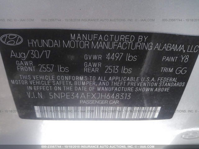 5NPE34AFXJH648313 - 2018 HYUNDAI SONATA SPORT/LIMITED SILVER photo 9