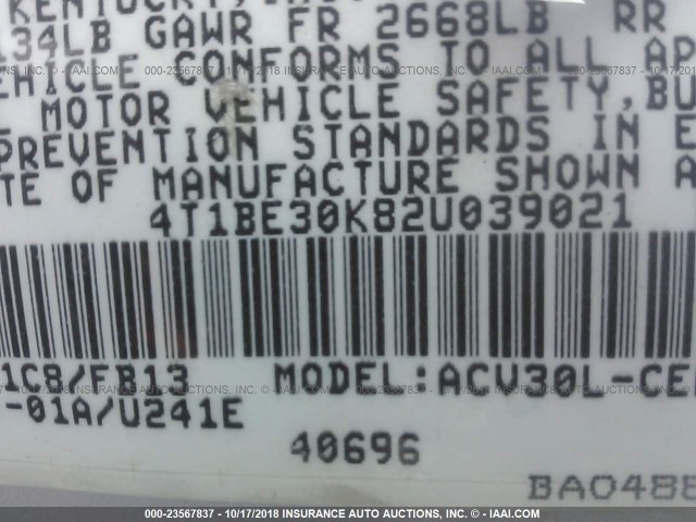 4T1BE30K82U039021 - 2002 TOYOTA CAMRY LE/XLE/SE Сұр фото 9