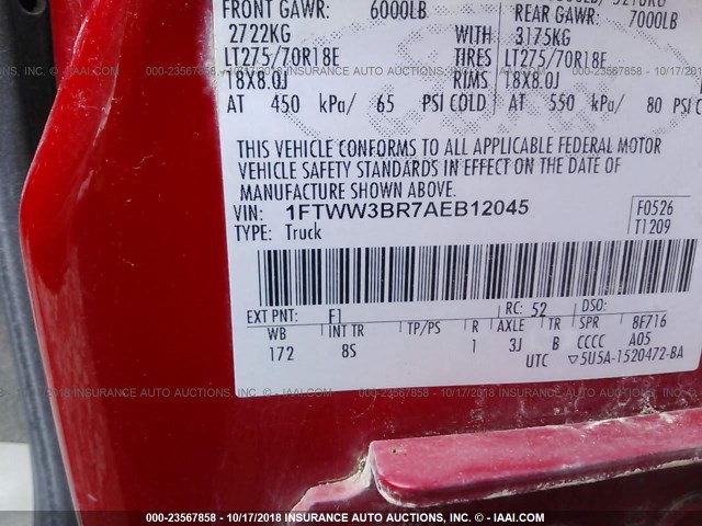 1FTWW3BR7AEB12045 - 2010 FORD F350 SUPER DUTY RED photo 9