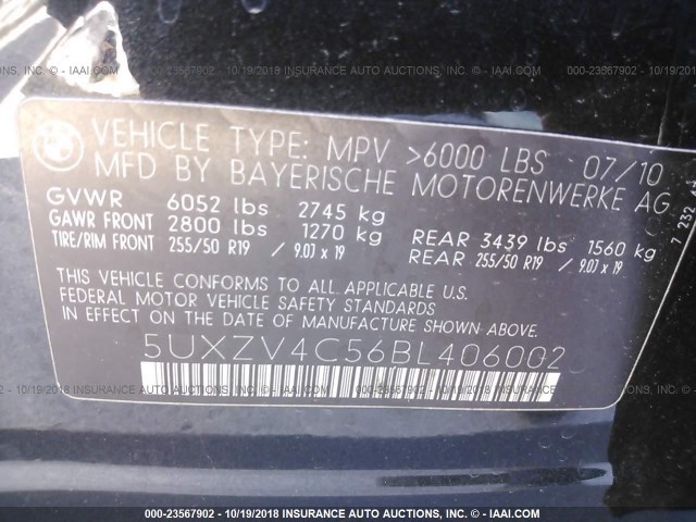 5UXZV4C56BL406002 - 2011 BMW X5 XDRIVE35I BLACK photo 9