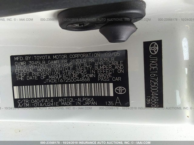JTKDE167250044868 - 2005 TOYOTA SCION TC 白色 照片 9
