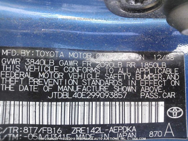 JTDBL40E299093857 - 2009 TOYOTA COROLLA LE/XLE BLUE photo 9