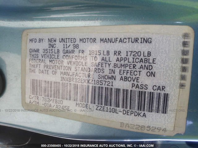 1NXBR12EXXZ185721 - 1999 TOYOTA COROLLA VE/CE/LE 青绿色 照片 9