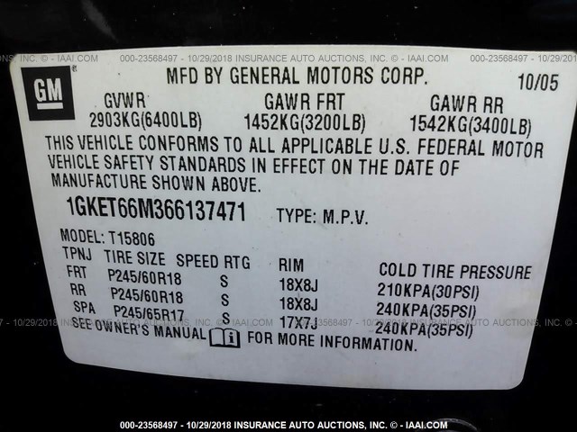 1GKET66M366137471 - 2006 GMC ENVOY DENALI XL BLACK photo 9