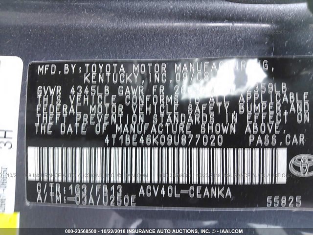 4T1BE46K09U877020 - 2009 TOYOTA CAMRY SE/LE/XLE GRAY photo 9