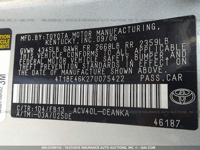 4T1BE46K27U075422 - 2007 TOYOTA CAMRY NEW GENERAT CE/LE/XLE/SE SILVER photo 9