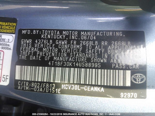 4T1BF30K14U588995 - 2004 TOYOTA CAMRY LE/XLE/SE 蓝色 照片 9