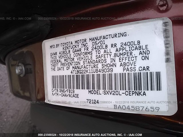 4T1BG22K11U849039 - 2001 TOYOTA CAMRY CE/LE/XLE RED photo 9