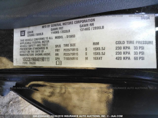 1GCCS196848190111 - 2004 CHEVROLET COLORADO BLACK photo 9