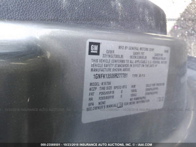 1GNFK13508R277781 - 2008 CHEVROLET TAHOE K1500 HYBRID GRAY photo 9