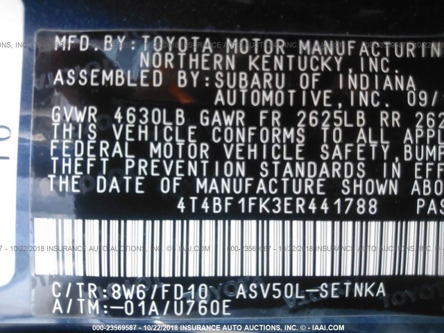 4T4BF1FK3ER441788 - 2014 TOYOTA CAMRY L/SE/LE/XLE მუქი ლურჯი ფოტო 9