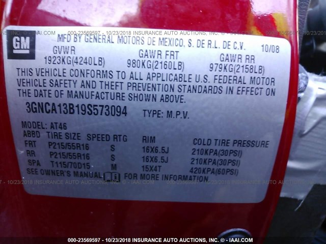 3GNCA13B19S573094 - 2009 CHEVROLET HHR LS Rojo foto 9