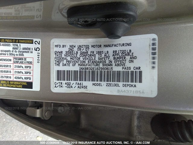 1NXBR32E18Z993615 - 2008 TOYOTA COROLLA CE/LE/S GOLD photo 9