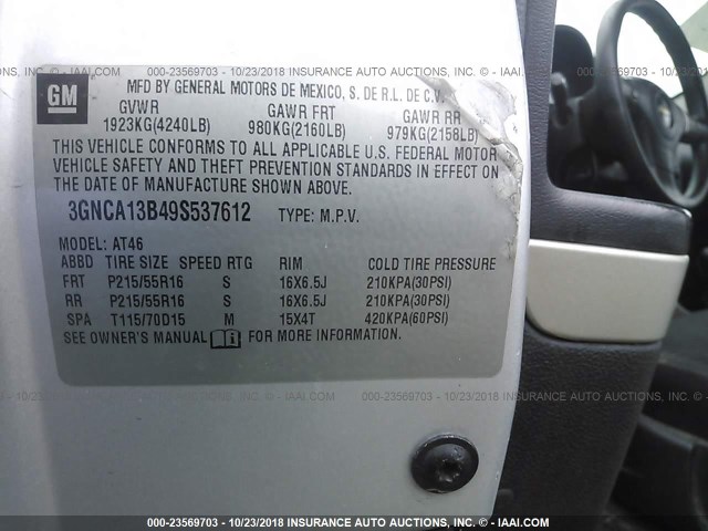 3GNCA13B49S537612 - 2009 CHEVROLET HHR LS Plata foto 9