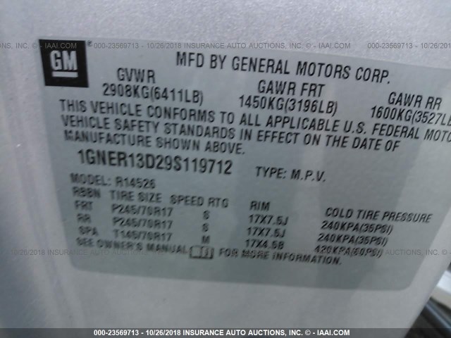 1GNER13D29S119712 - 2009 CHEVROLET TRAVERSE LS SILVER photo 9