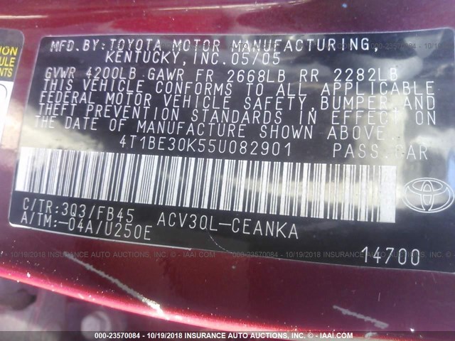 4T1BE30K55U082901 - 2005 TOYOTA CAMRY LE/XLE/SE RED photo 9